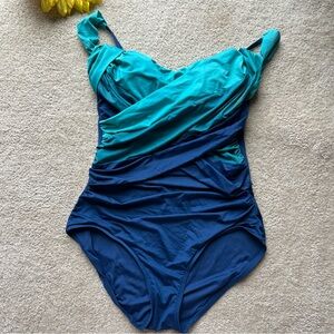 Badgley Mischka Draped One-Piece Swimsuit Blue Size 4